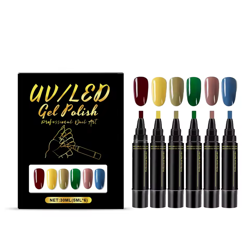 SalonPen – 3-i-1 Gelpenna för Naglar med UV-lampa (6-pack)