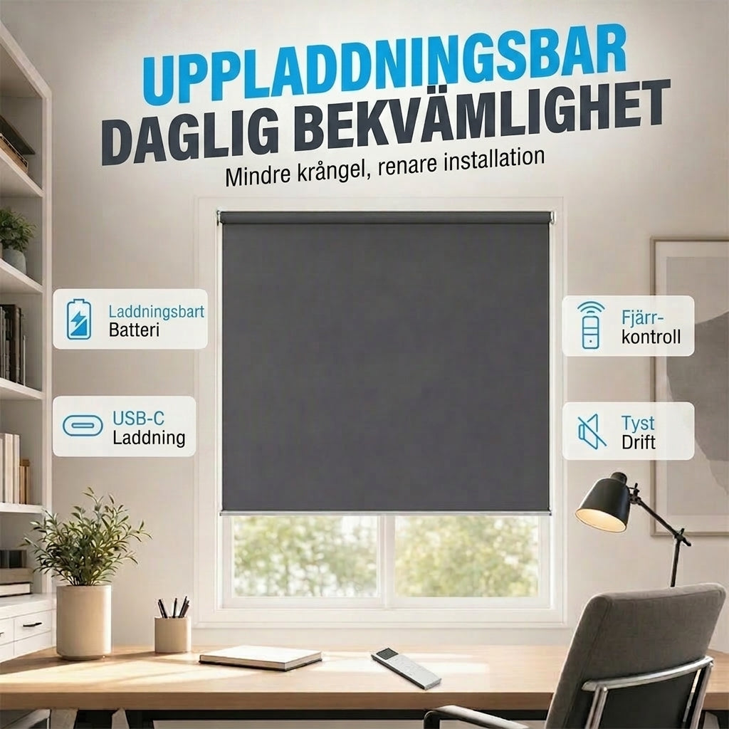 🪟 Mörkläggande motoriserad rullgardin med fjärrkontroll – PVC – Bredd 47–240 cm – Kabelansluten eller batteridriven motor – För sovrum, kontor och balkong 🏠