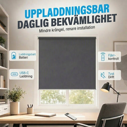 🪟 Mörkläggande motoriserad rullgardin med fjärrkontroll – PVC – Bredd 47–240 cm – Kabelansluten eller batteridriven motor – För sovrum, kontor och balkong 🏠