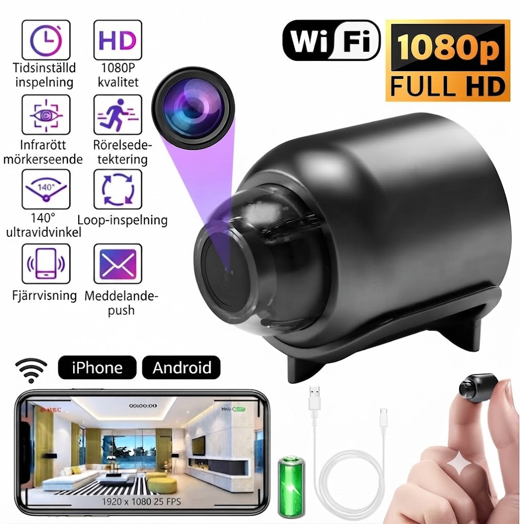 Mini 1080P HD Wifi-kamera | Spelar in både bild och ljud!