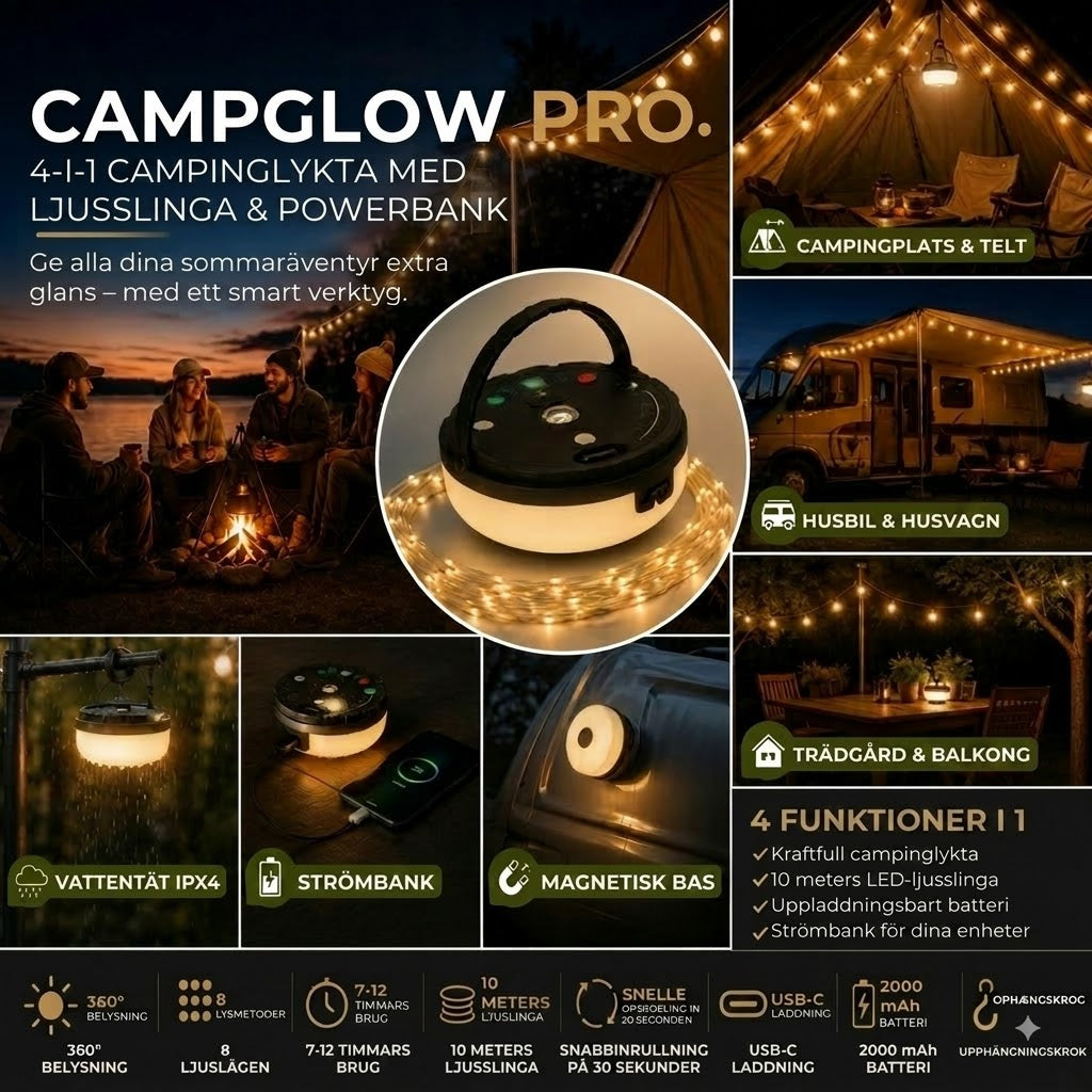 CampGlow PRO – 4-i-1 uppladdningsbar campinglampa