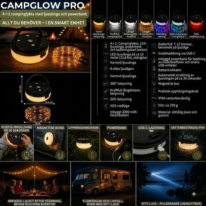 CampGlow PRO – 4-i-1 uppladdningsbar campinglampa