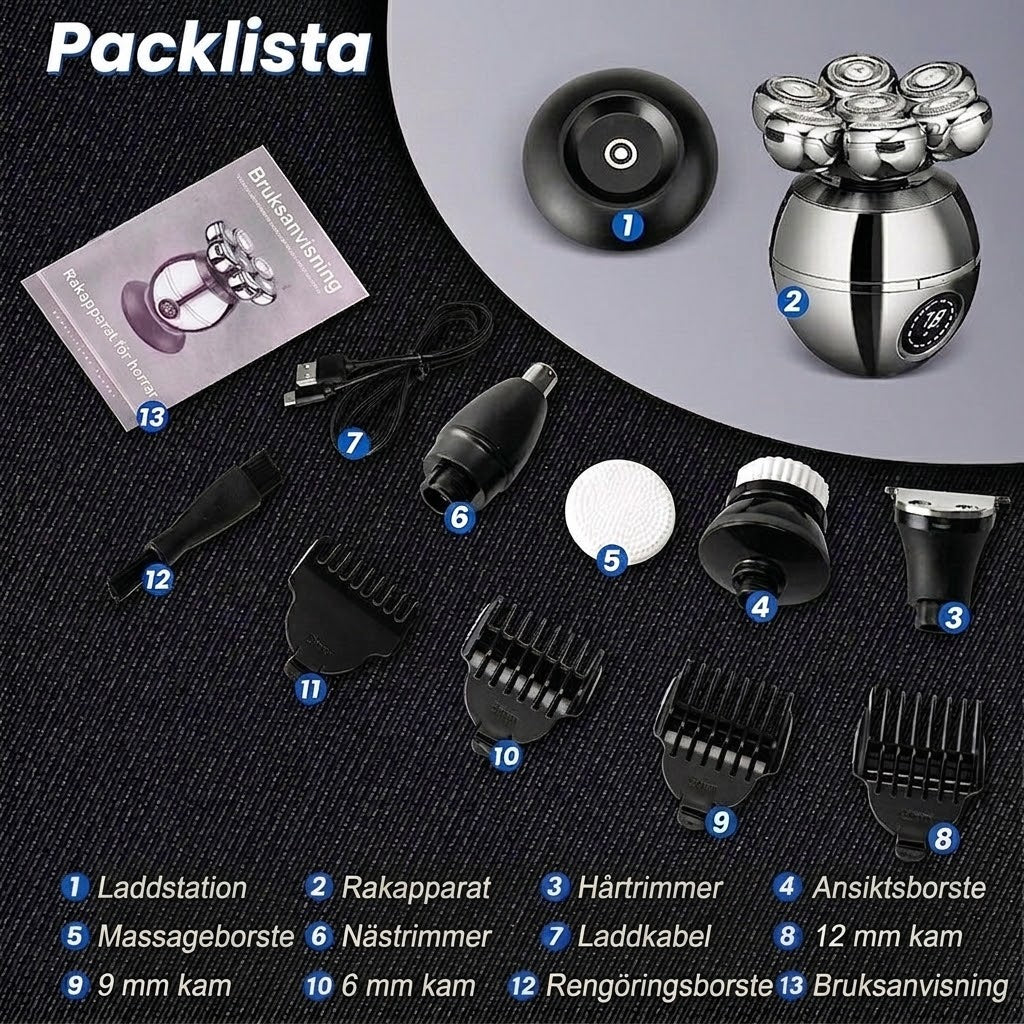💪 7D Flexibelt rakapparatset | 5-i-1 Multifunktion⚡ Trådlös laddning + LED-batteriindikator🚿 Våt- och torrakning · Tvättbar🪐 Perfekt för resan
