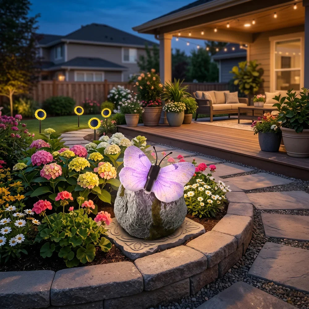 LunaGlow™ | Soldriven trädgårdssten med inbyggd lysande fjäril