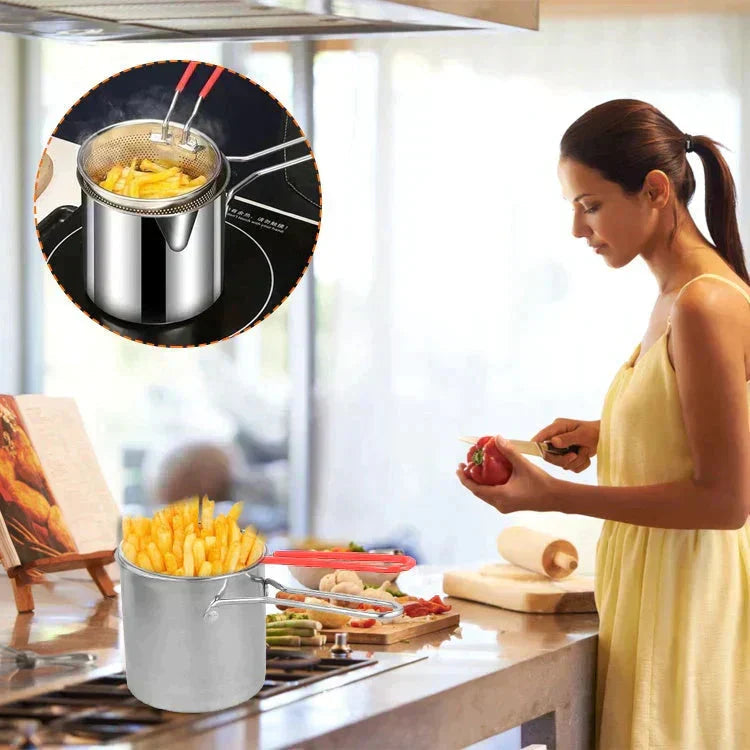 🥘 Multifunktionell Friteringsgryta i 304 Rostfritt Stål | Stänksäker & Oljesparande